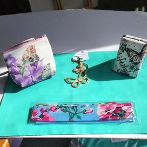 Floral Butterfly Coin Pouch and Keychain Set - Pink, Purple, Blue